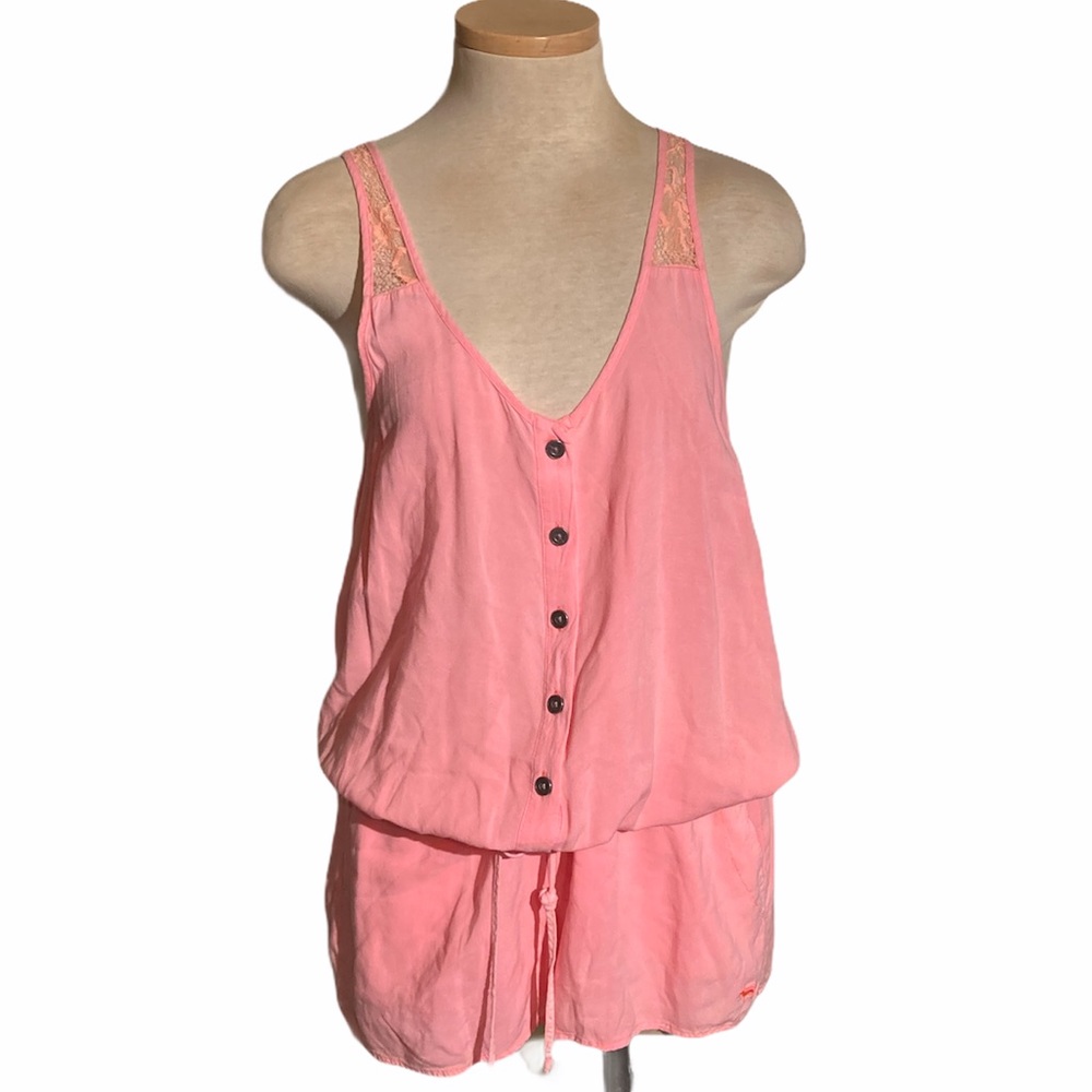 Women’s Pink Button-Front Romper with Lace Straps